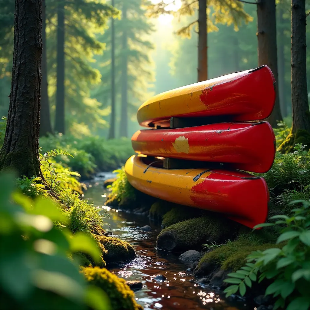 Vibrant Canoes in Verdant Forest Adventure