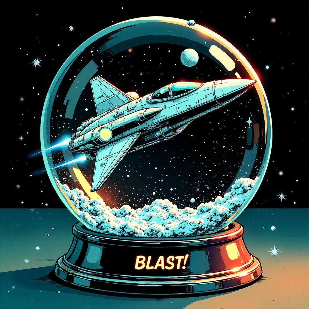 Comic Book Spaceship Inside a Snow Globe
