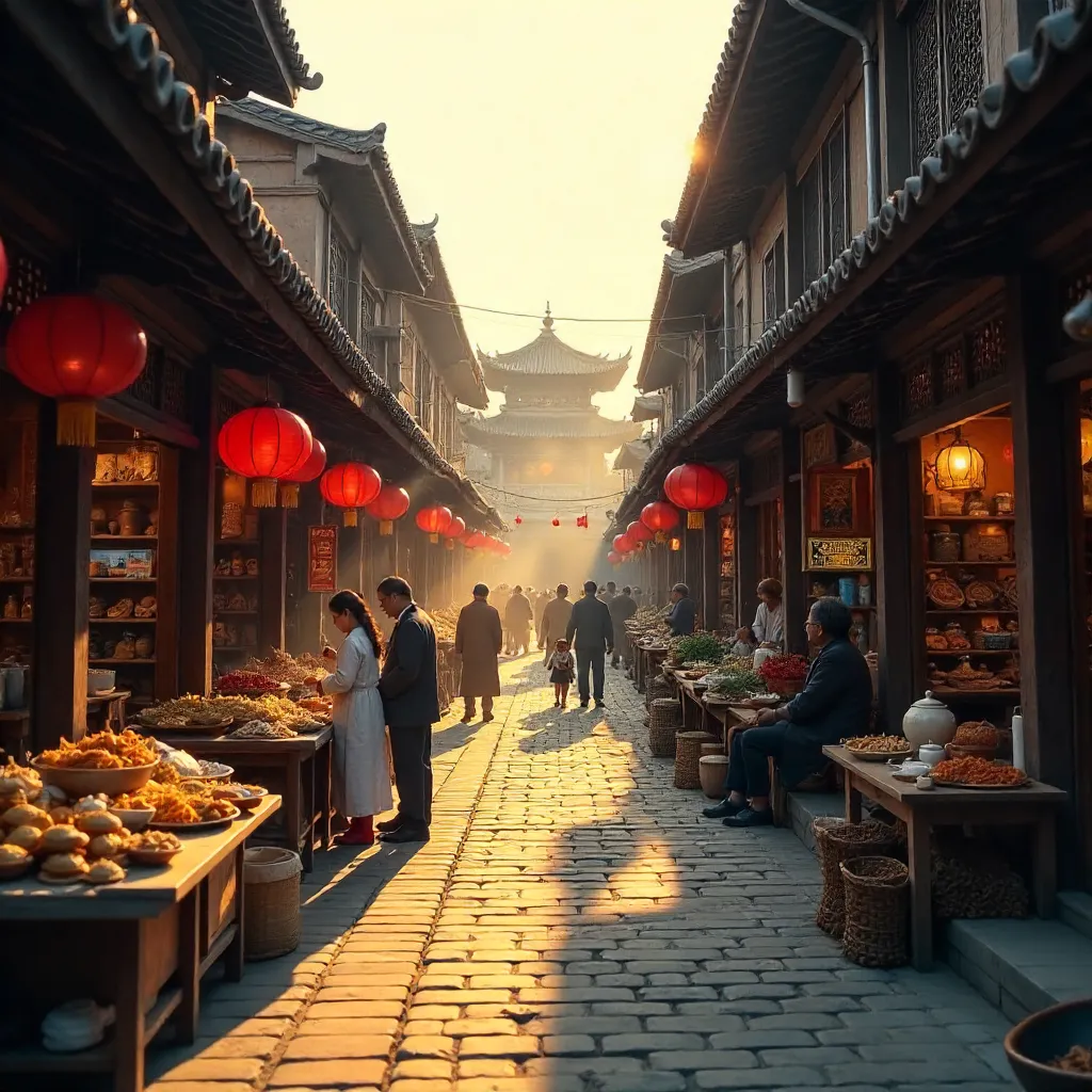 Golden Hour on a Timeless Wooden Market Street, China