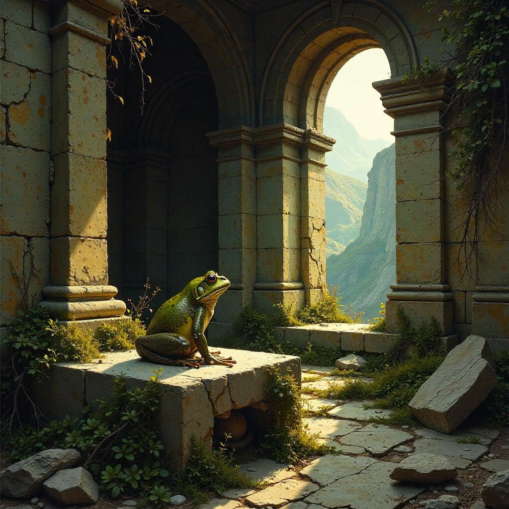 Chiaroscuro Frog in Ancient Temple Ruins