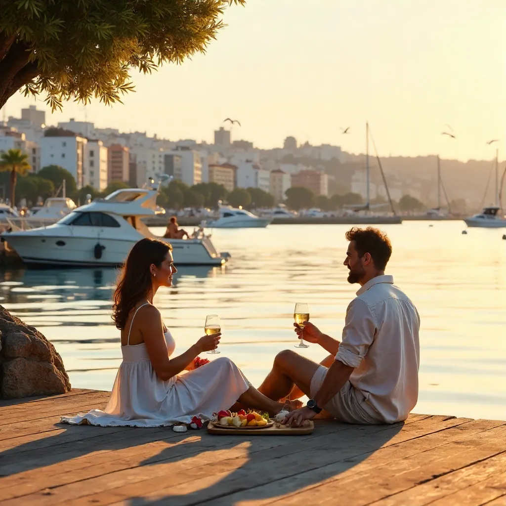 Couple and Dog by Marseille Harbor at Dusk