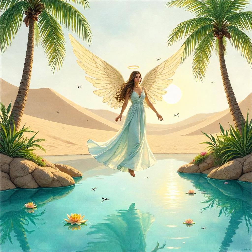 Watercolor Angel in a Serene Oasis