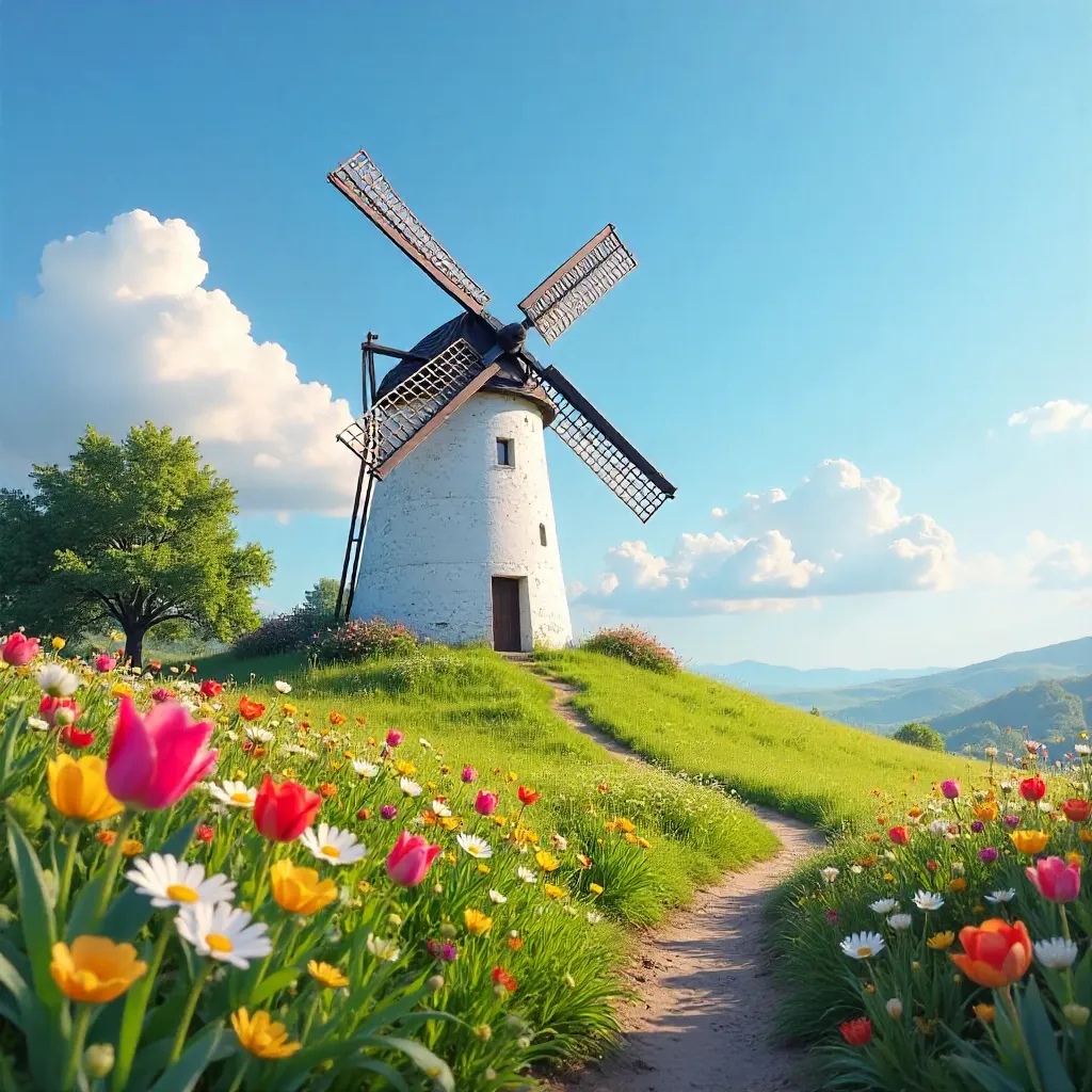 Windmill in Spring Bloom Under a Clear Blue Sky