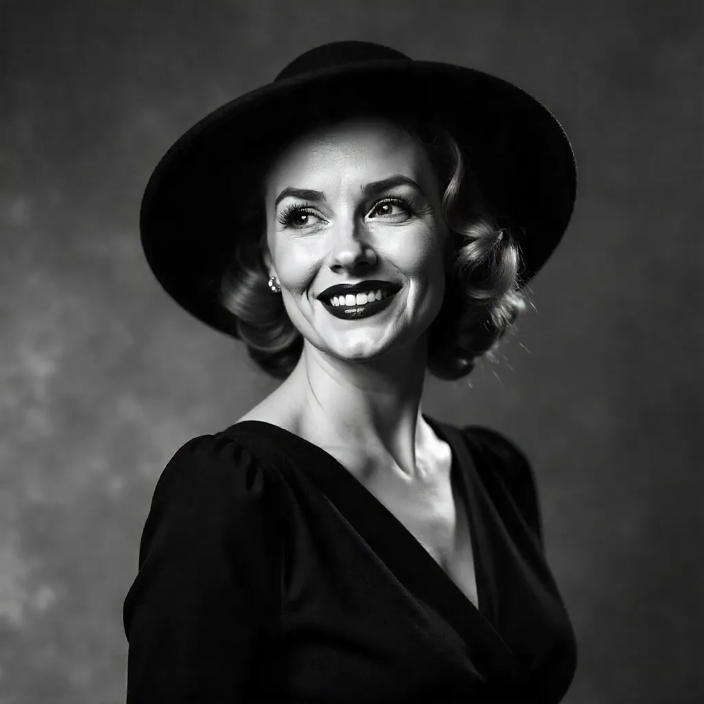 Smiling Woman in Hat — Black & White Portrait