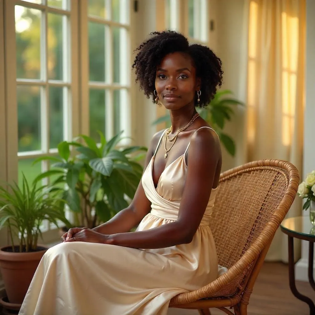 Elegant Black Woman in a Sunlit Sunroom