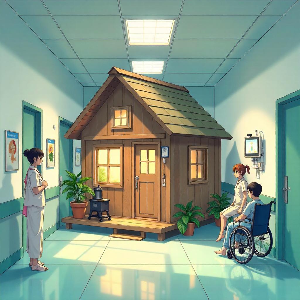 Wooden Hut in a Surreal Hospital: Anime Scene