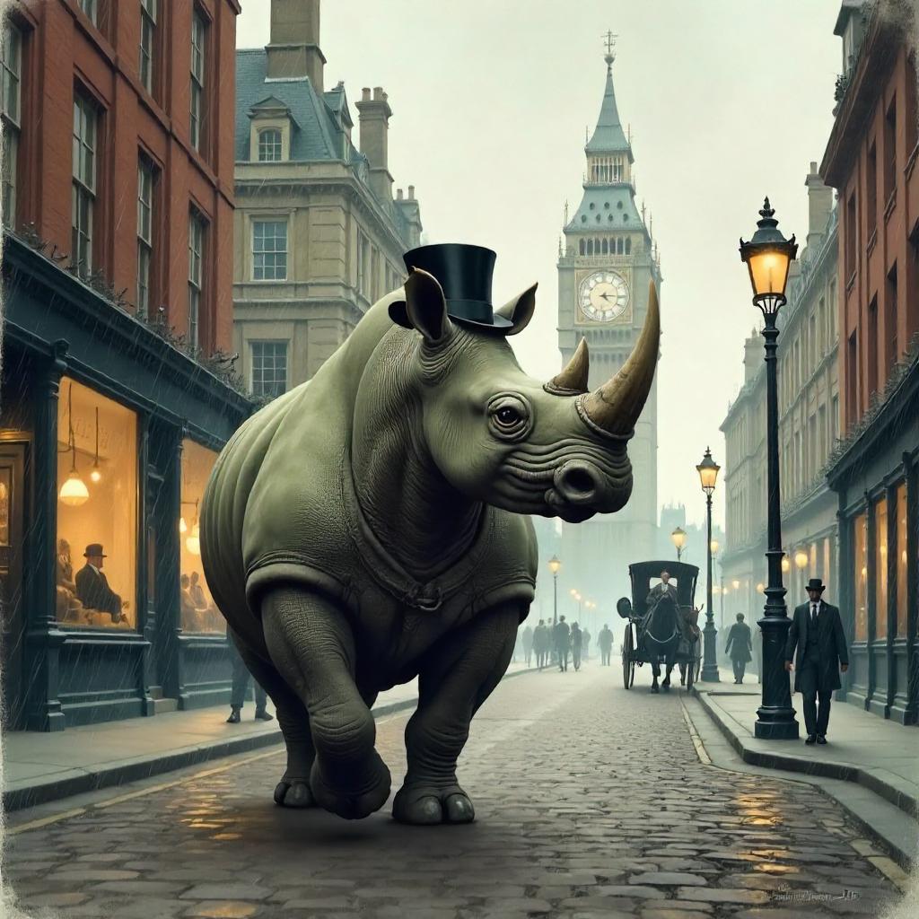 Rhino in Watercolor Victorian London Street