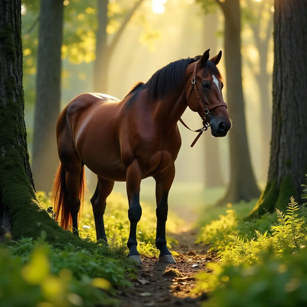 Grazing Brown Horse in a Serene Forest Clearing