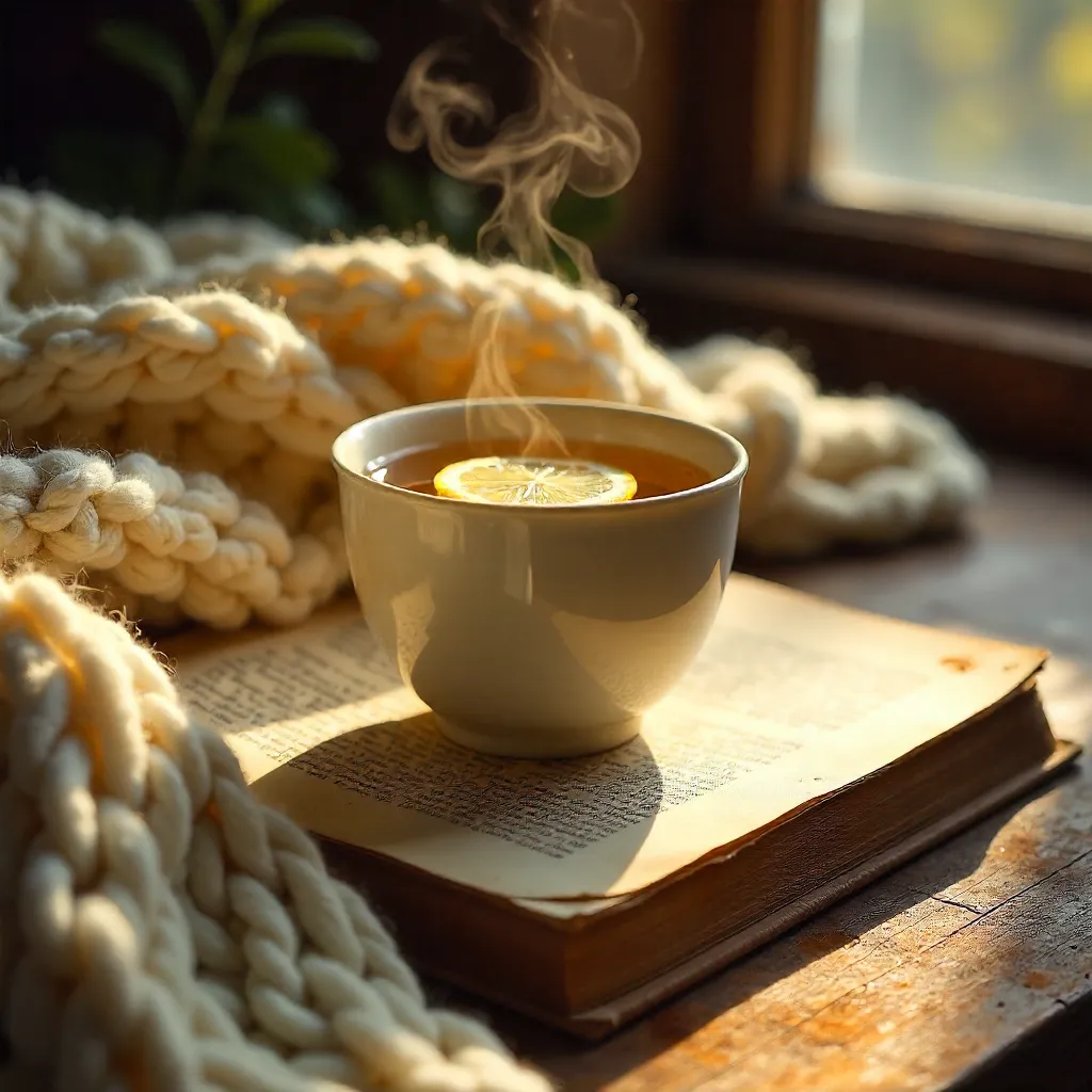 Cozy Lemon Tea on Vintage Pages on Knit Blanket
