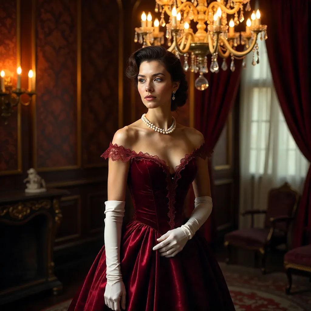 Elegant Woman in Historical Attire by a Glowing Chandelier