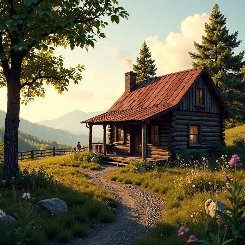 Charming Cabin Amid Trees in Serene Rural Landscape