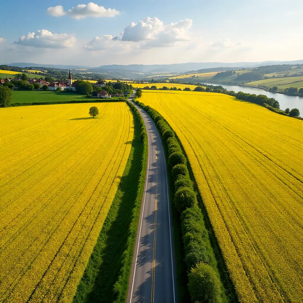Golden Romanian Rapeseed Crossroads from Above