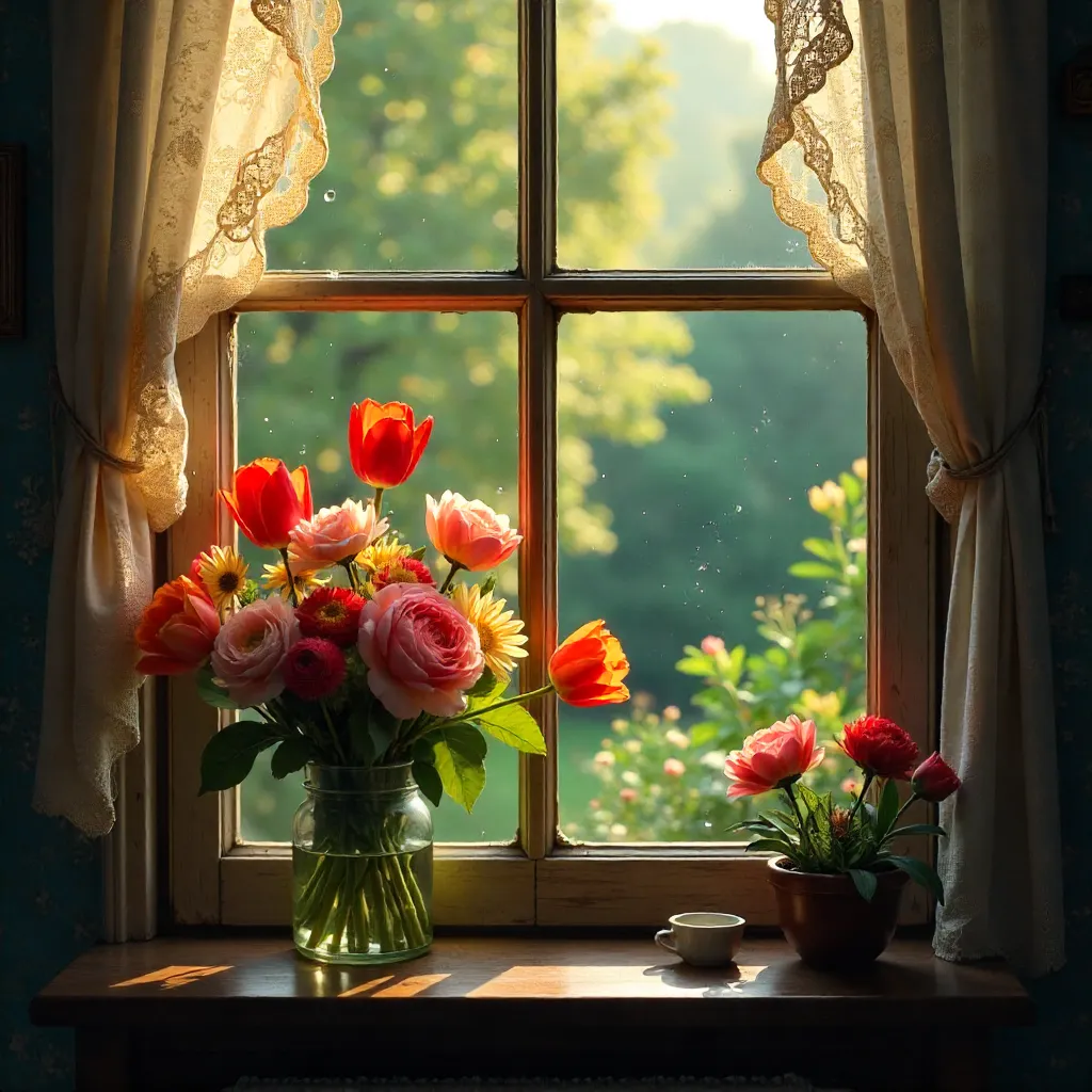 Nostalgic Flowers Behind a Fogged Window