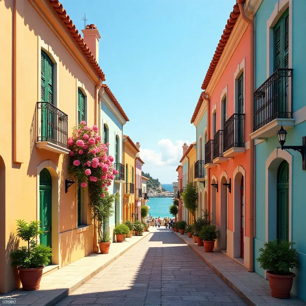 Pastel Mediterranean Arched Windows Street