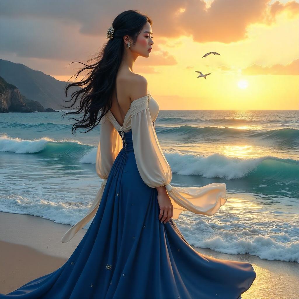 Elegant Asian Woman by the Ocean in Digital Art