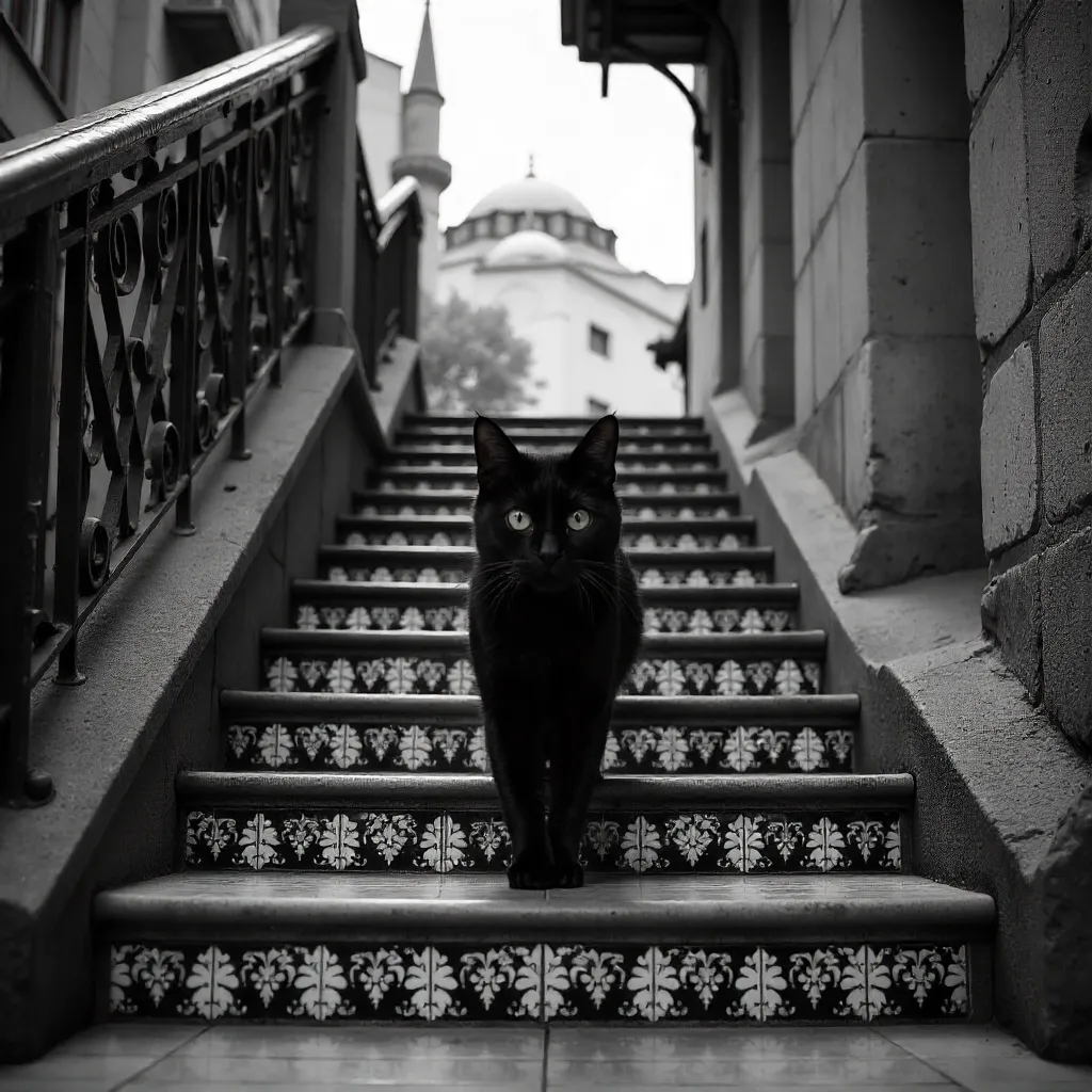 Noir Cat on Geometric Istanbul Stairs