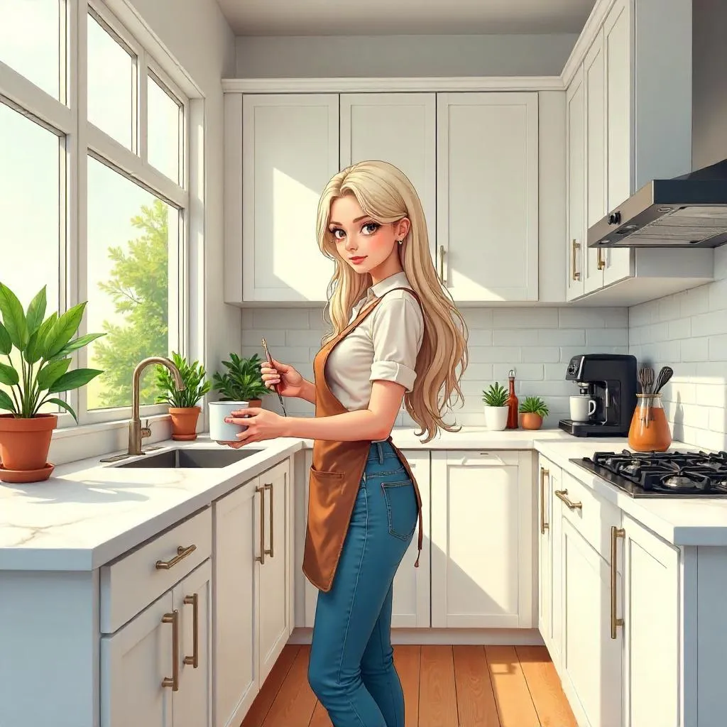 Stylish Anime Woman in a Modern Kitchen
