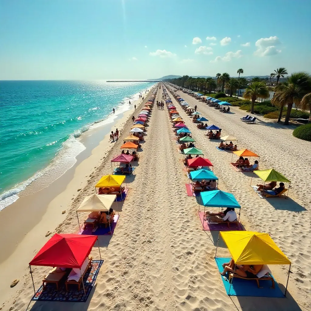 Vibrant Aerial Beach Tent Rows in Sunlit Sand