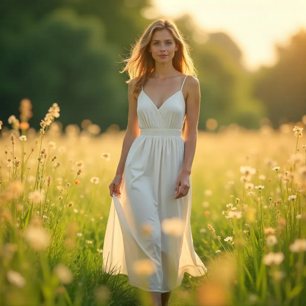 Sunlit Field Serenity: Woman in White Dress