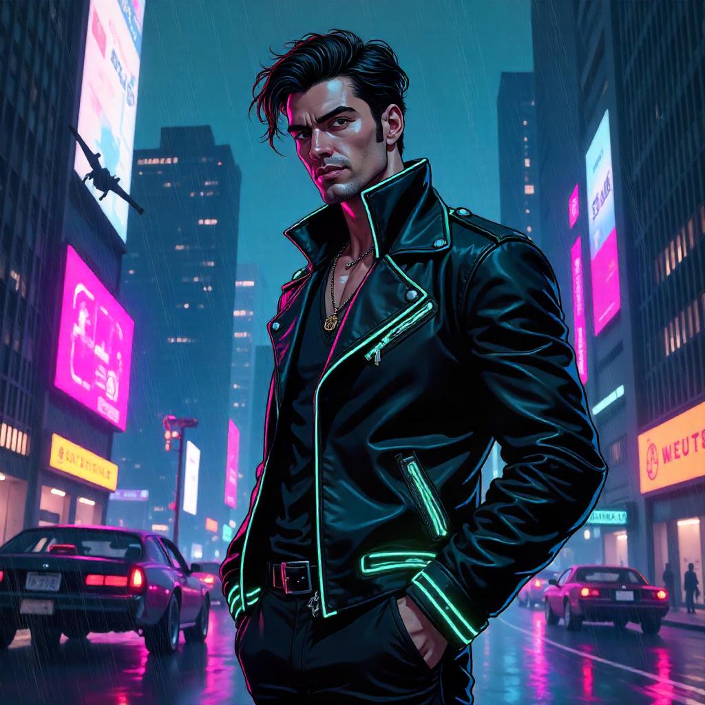Handsome Cartoon Hero in a Neon Cyberpunk City