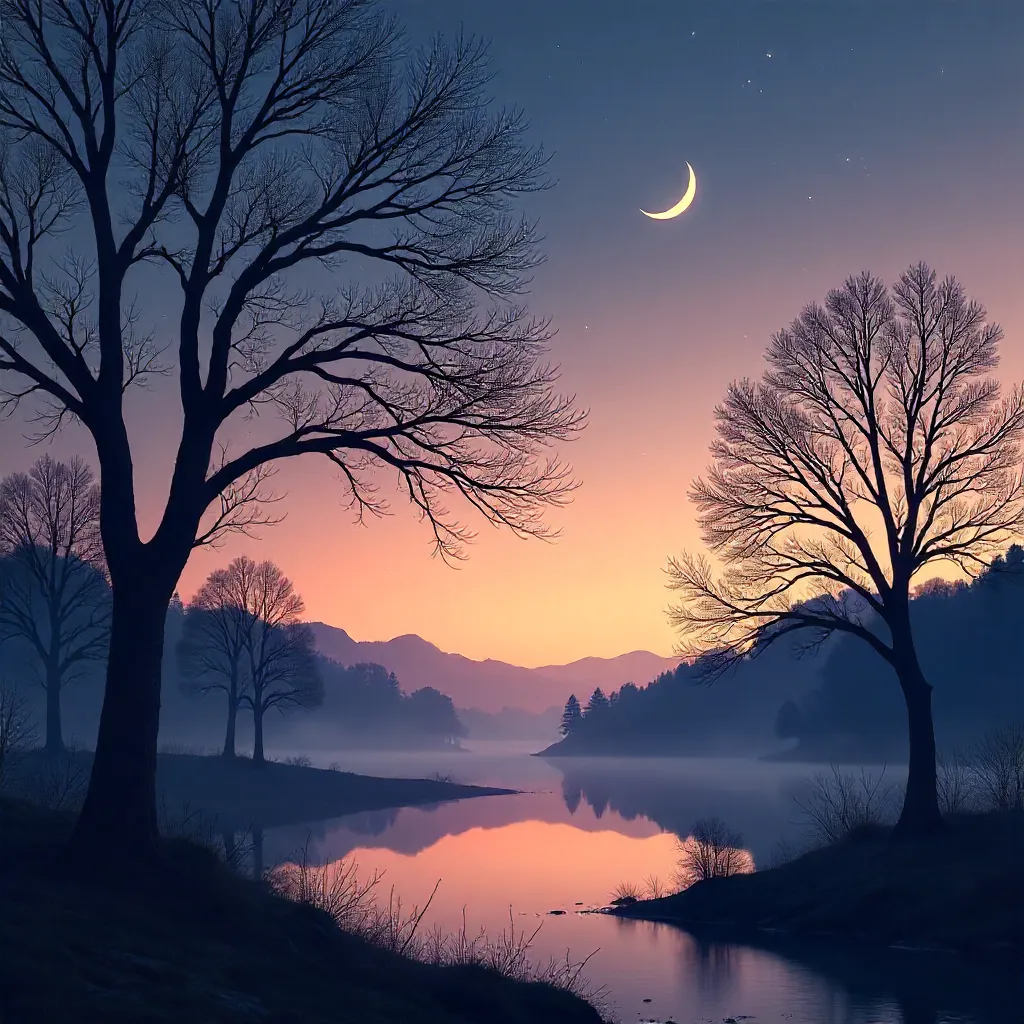 Silhouetted branches under a crescent moon at twilight