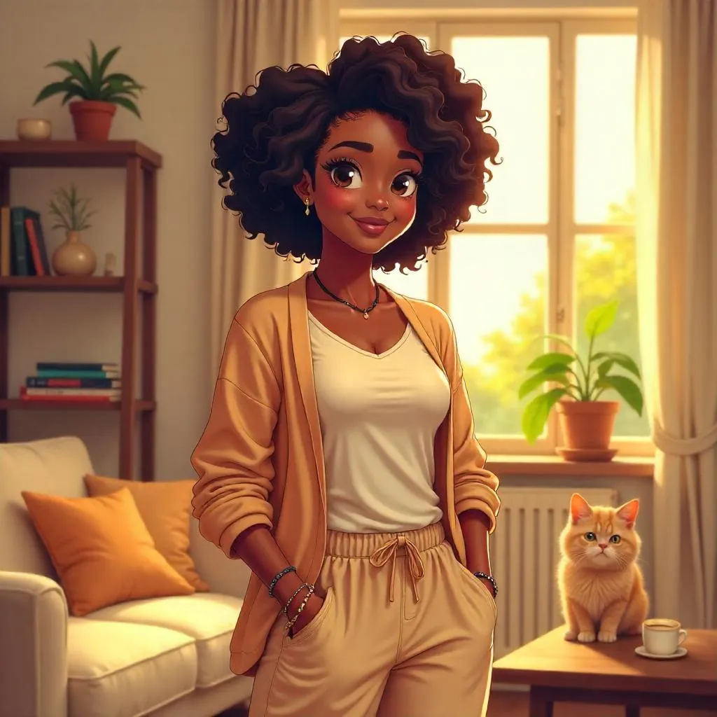 Confident Black Woman in Anime Home Portrait