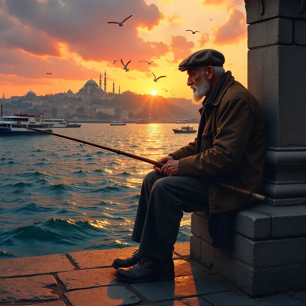 Elderly Fisherman at Sunset on Galata Bridge