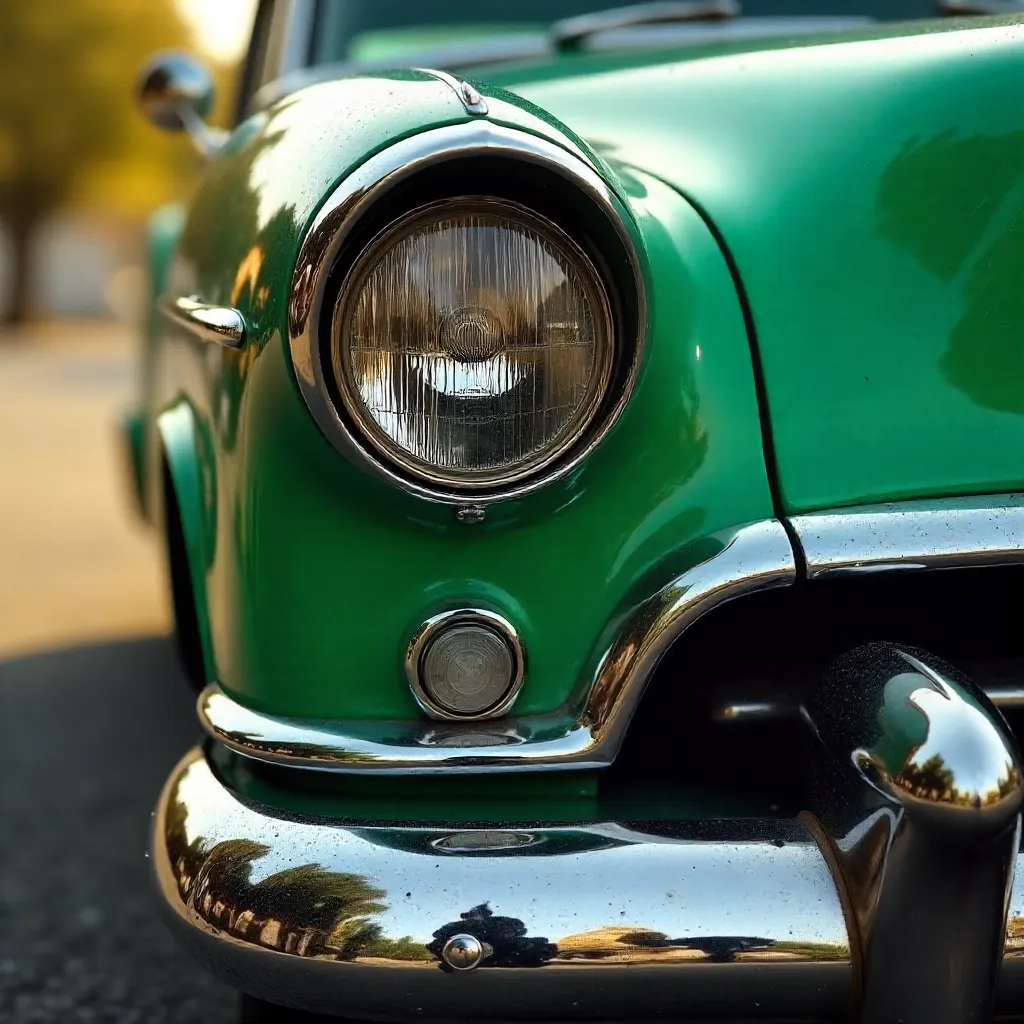 Close-Up of Vintage Green Car Headlight and Chrome Bumper