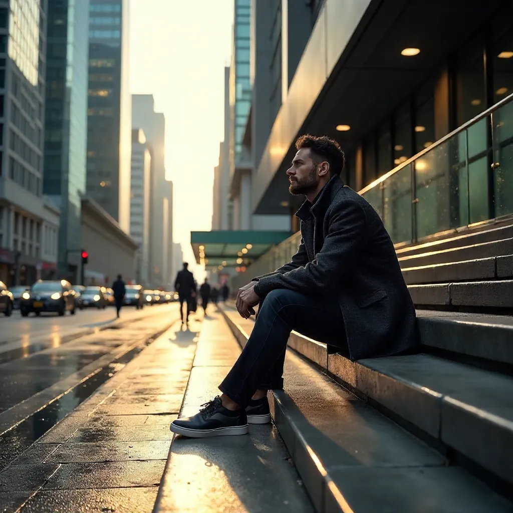 Man on Urban Staircase Amid Modern Architecture