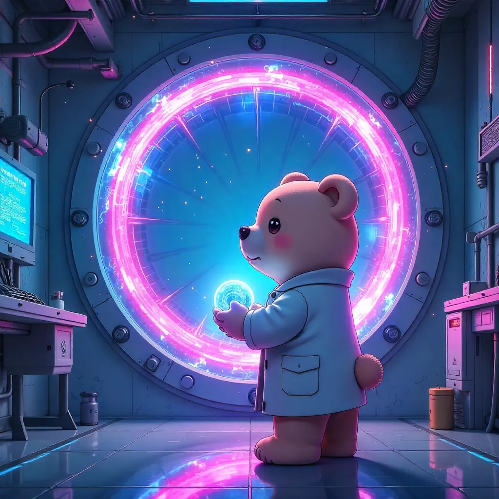 Bear Scientist in a Neon Portal Lab (Anime Style)