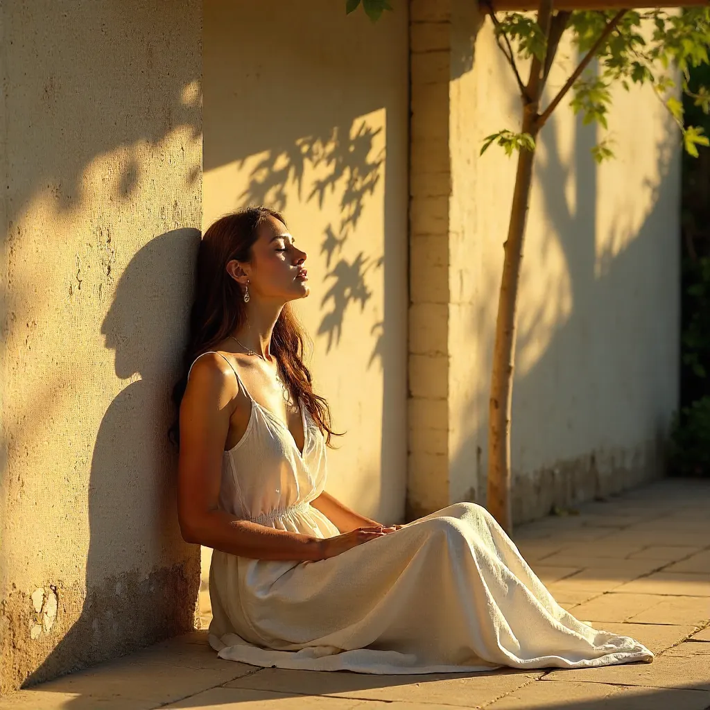Sunlit Woman Casting Shadows on a Textured Wall