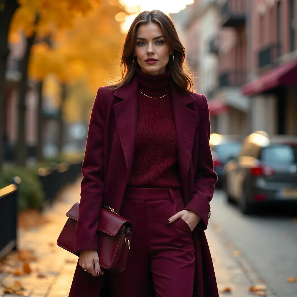 Autumn Chic: Maroon Outfit with Matching Leather Bag