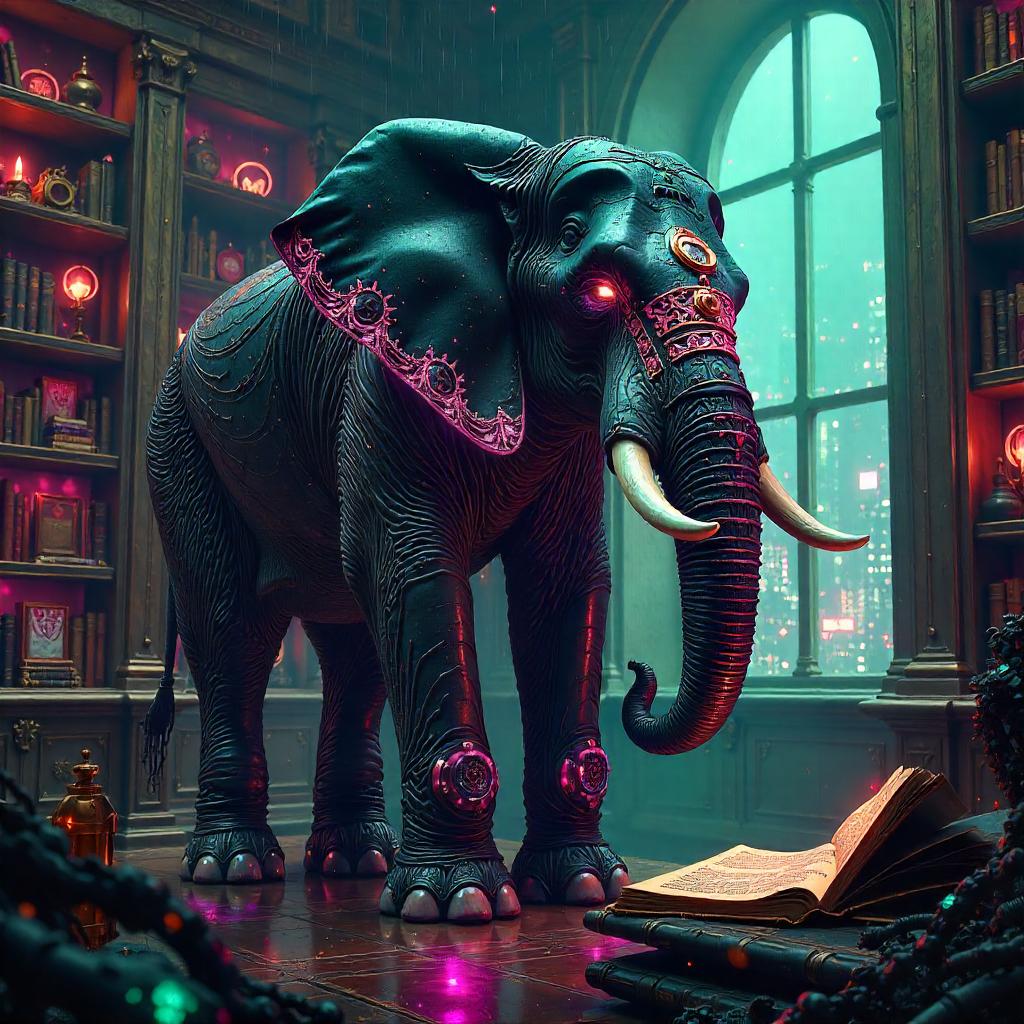 Cyberpunk Elephant in a Magical Library