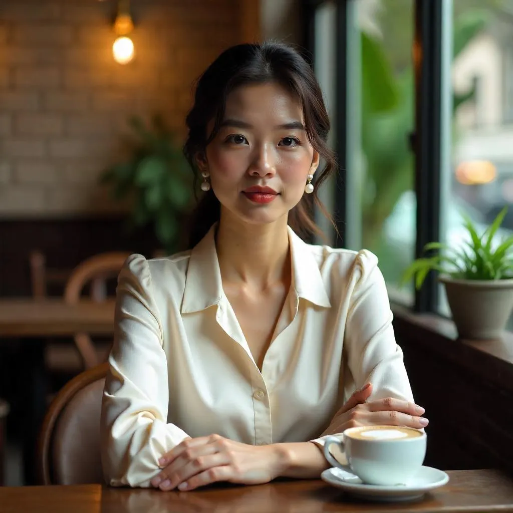 Elegant Asian Woman in a Photorealistic Café