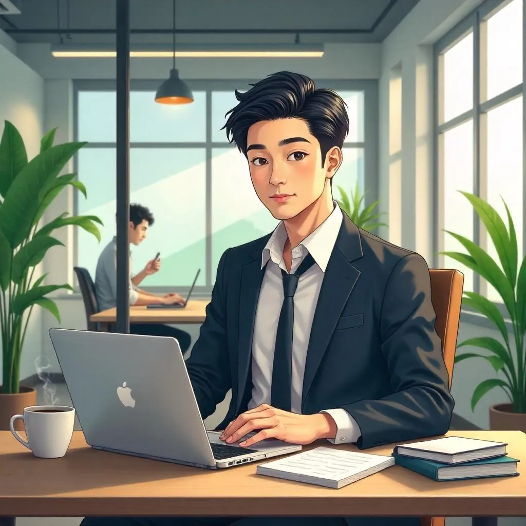 Anime-Style Professional Asian Man in a Coworking Space