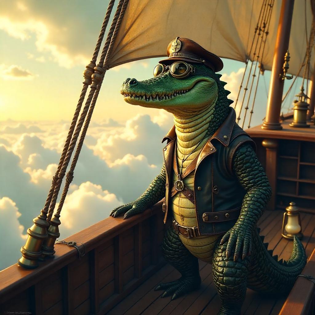 Crocodile Captain Aboard a Grand Airship (Digital Art)
