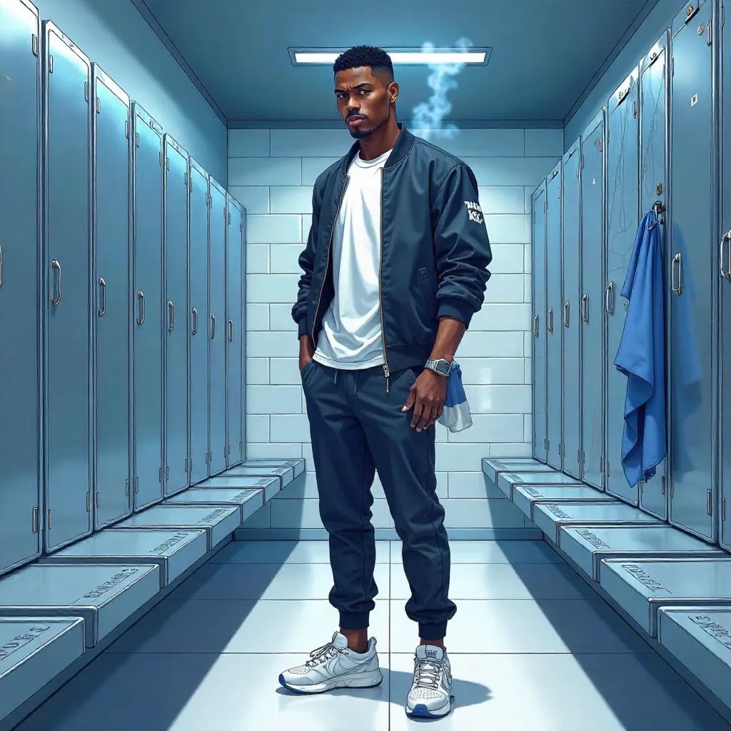 Anime-Style Black Man in Locker Room