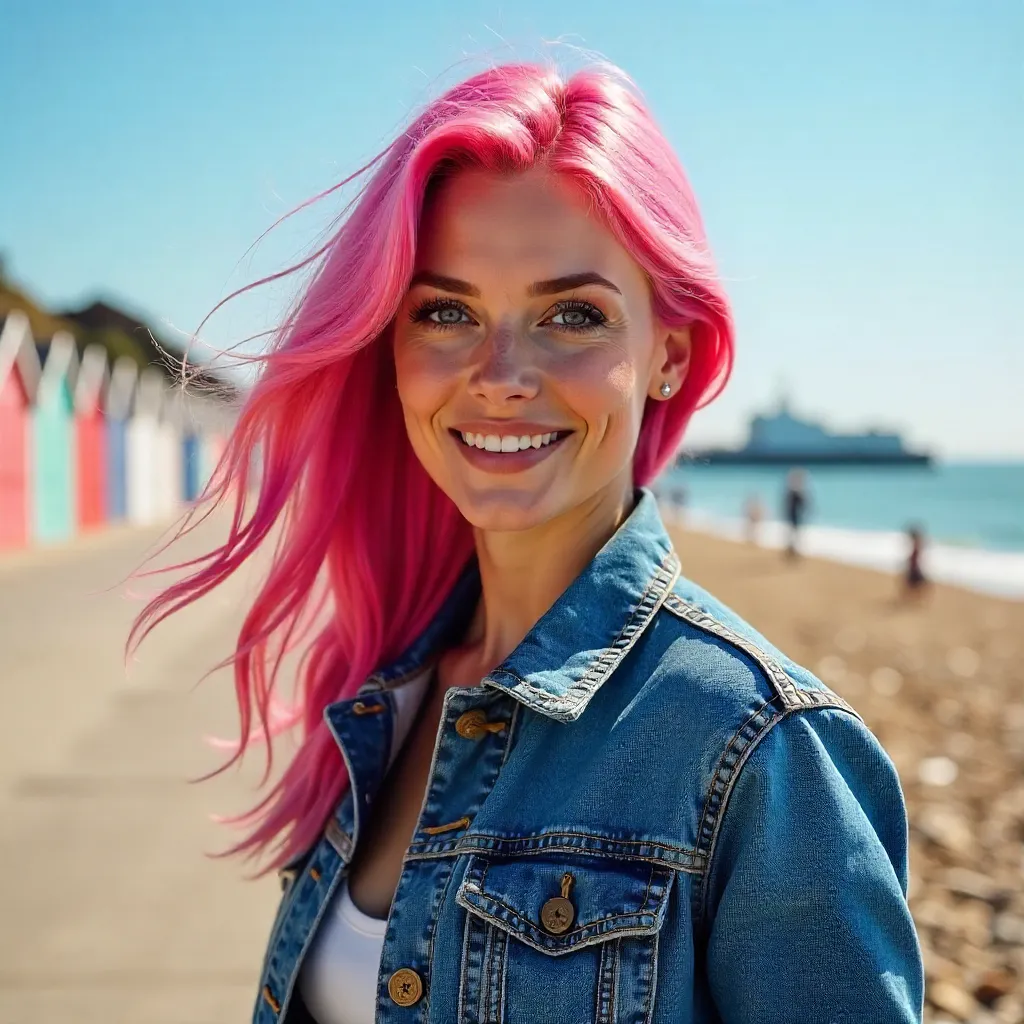 Vibrant Pink-Haired Woman in Denim, Brighton Portrait