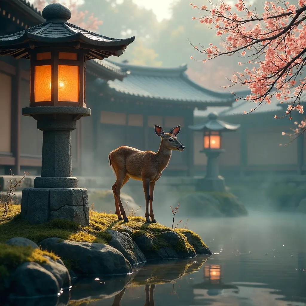 Dappled Deer by Stone Lanterns at a Historic Japanese Temple