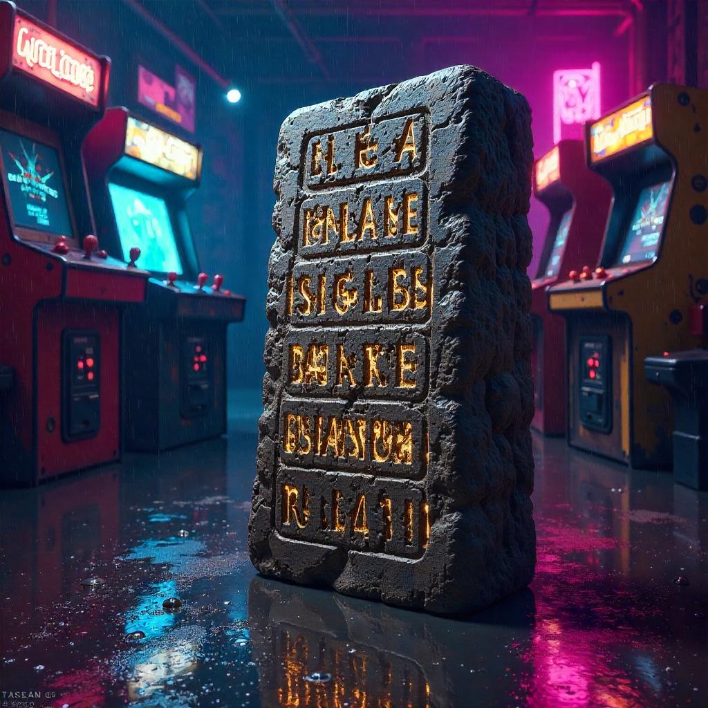 Runic Stone in a Neon Arcade – Oil Painting