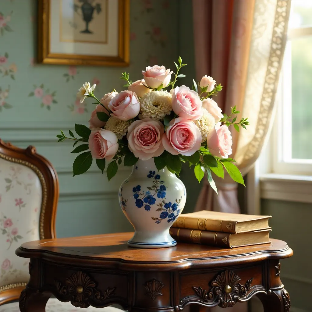 Vintage Interior: Floral Vase and Antique Books