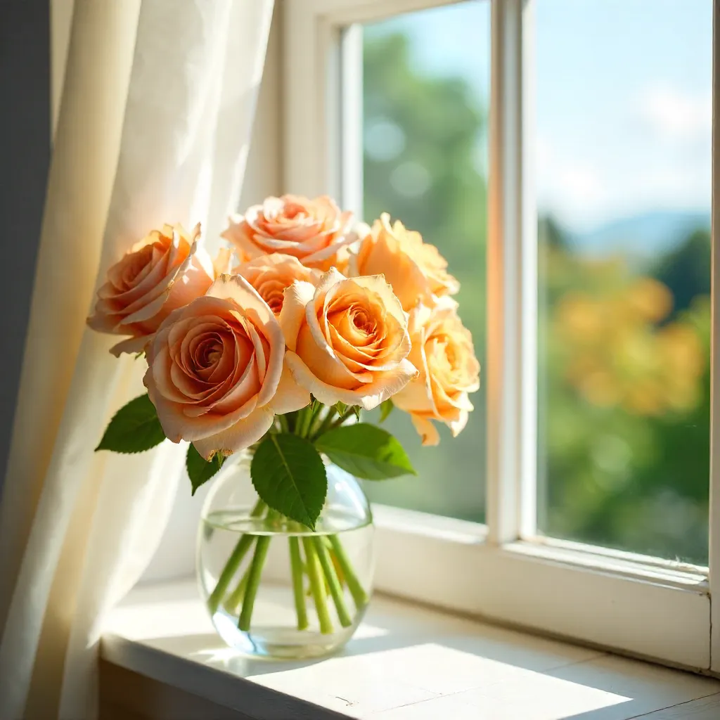 Sunlit Peach and Yellow Roses by the Window