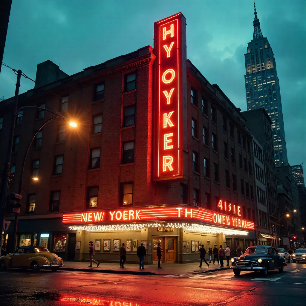 Neon Red Sign Over the Historic New Yorker Hotel