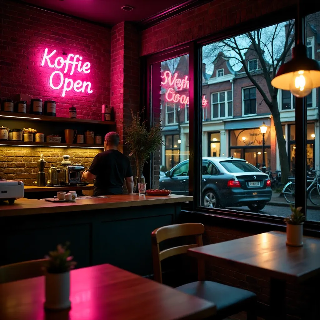 Cozy Amsterdam Coffee Shop with Neon Sign and Display
