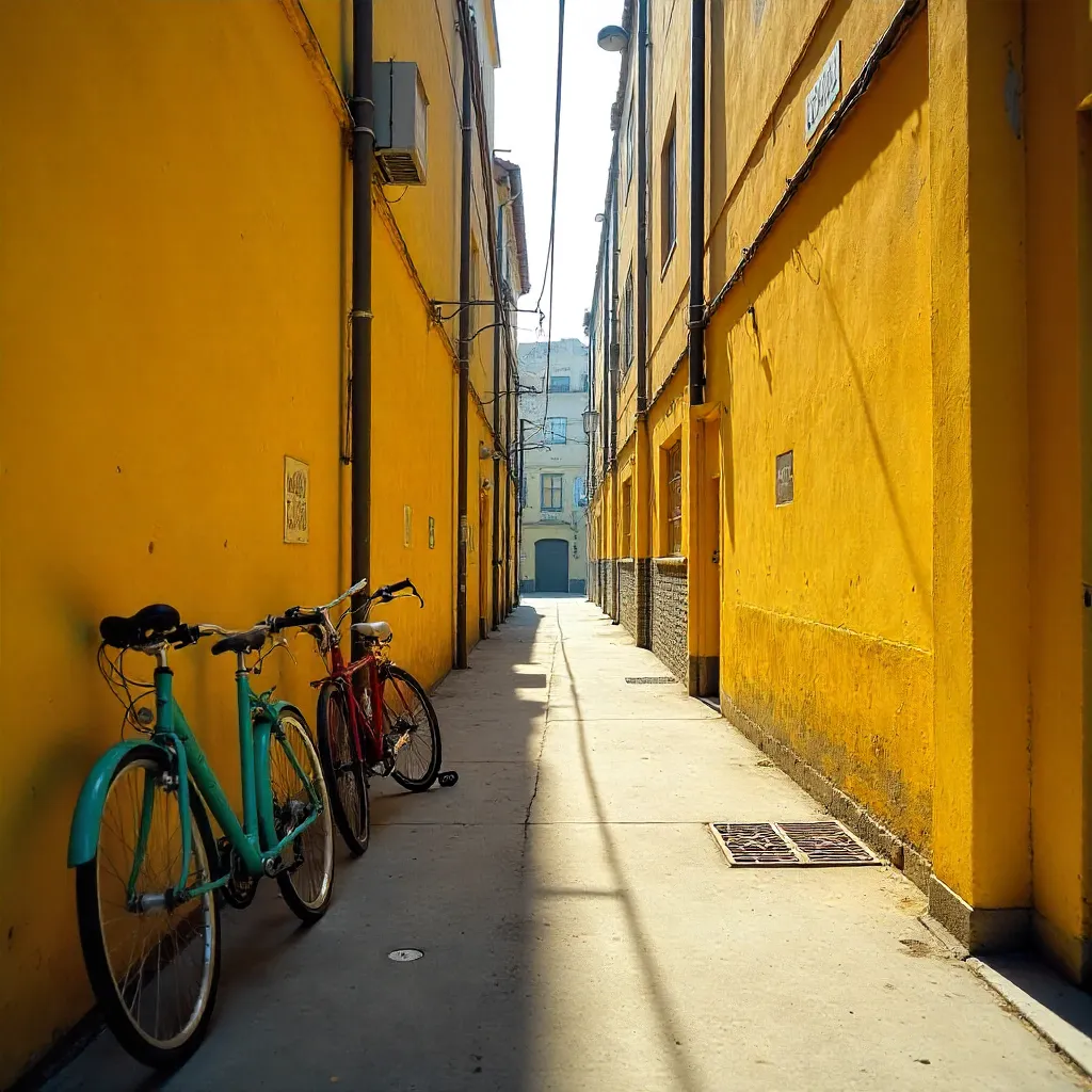 Serene Daylight in a Bike-Lined Yellow Wall Alley