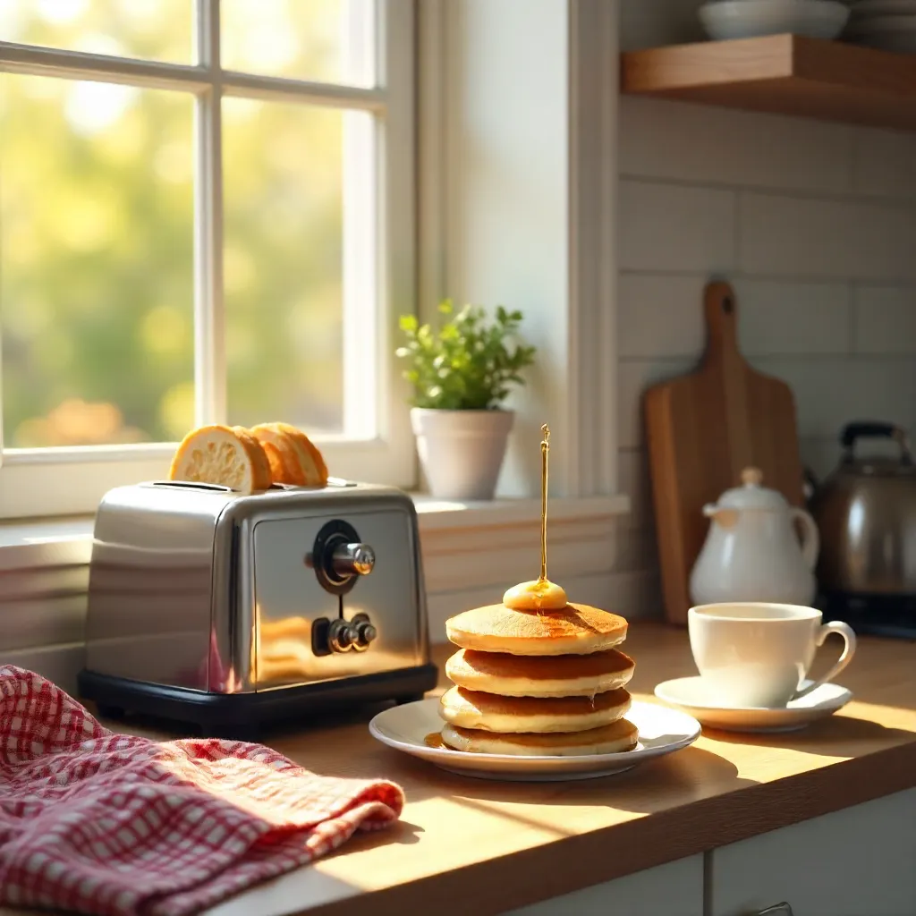 Cozy Kitchen Scene: Toaster, Pancakes, and Tea