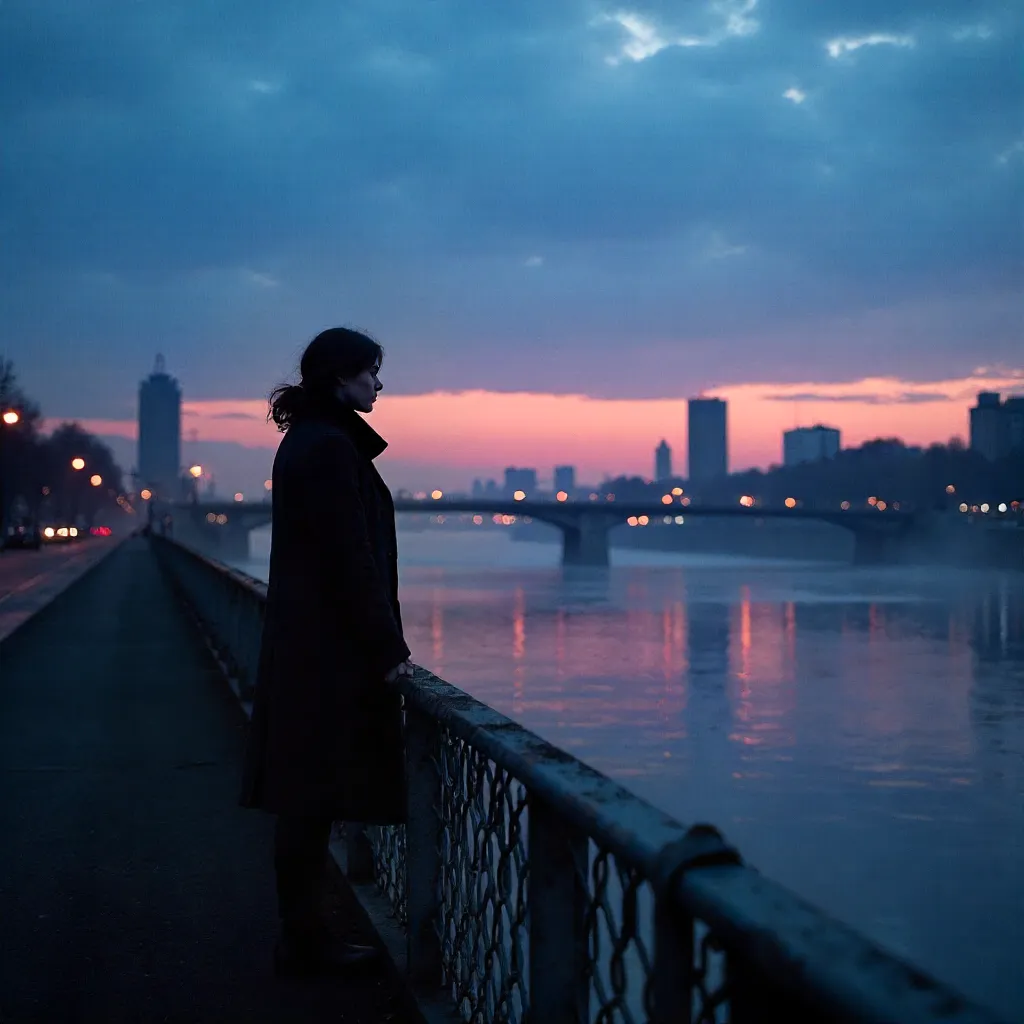 Solitary Silhouette on a Twilight City Bridge