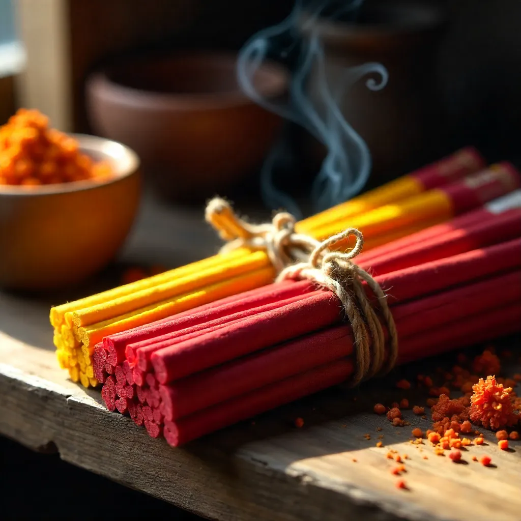 Vibrant Red and Yellow Incense Bundles on Rustic Shelf
