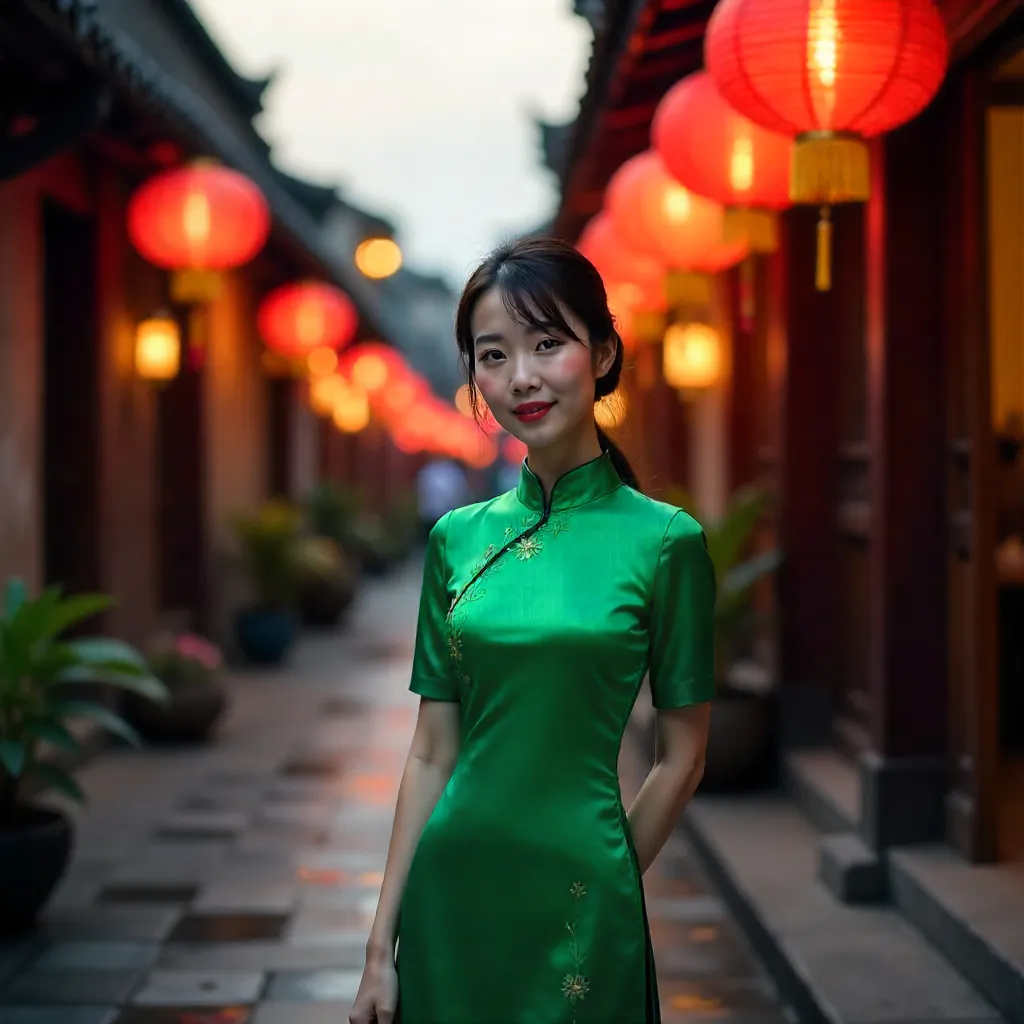 Green Ao Dai by Lanterns in Hội An