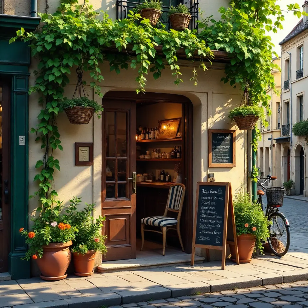 Cozy Paris Cafe Entrance with Greenery
